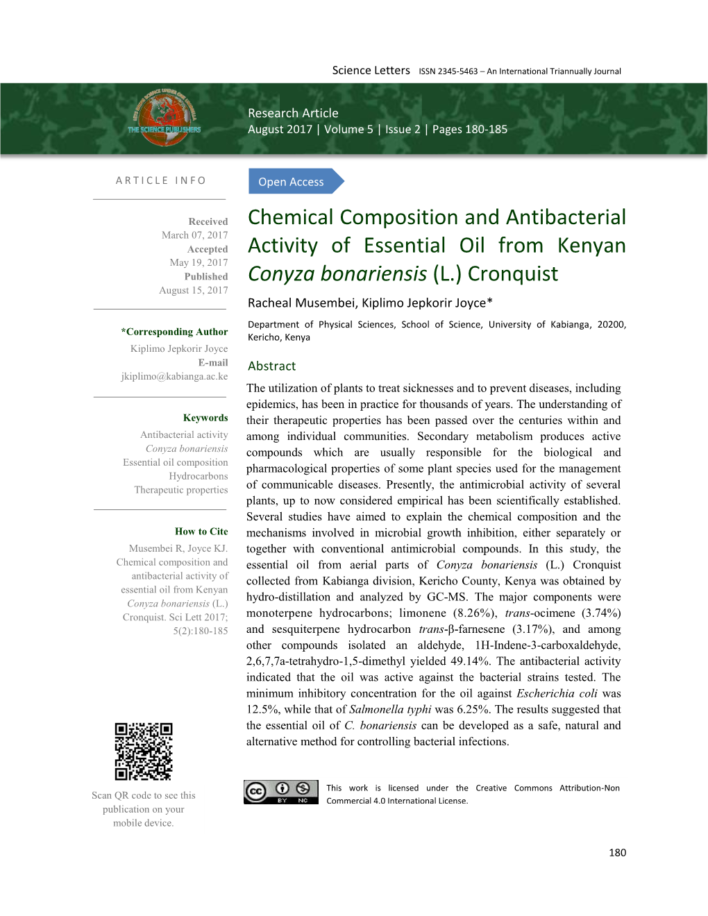 Chemical Composition and Antibacterial Activity of Essential Oil