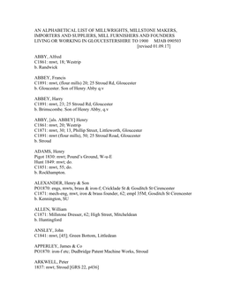 An Alphabetical List of Millwrights, Millstone