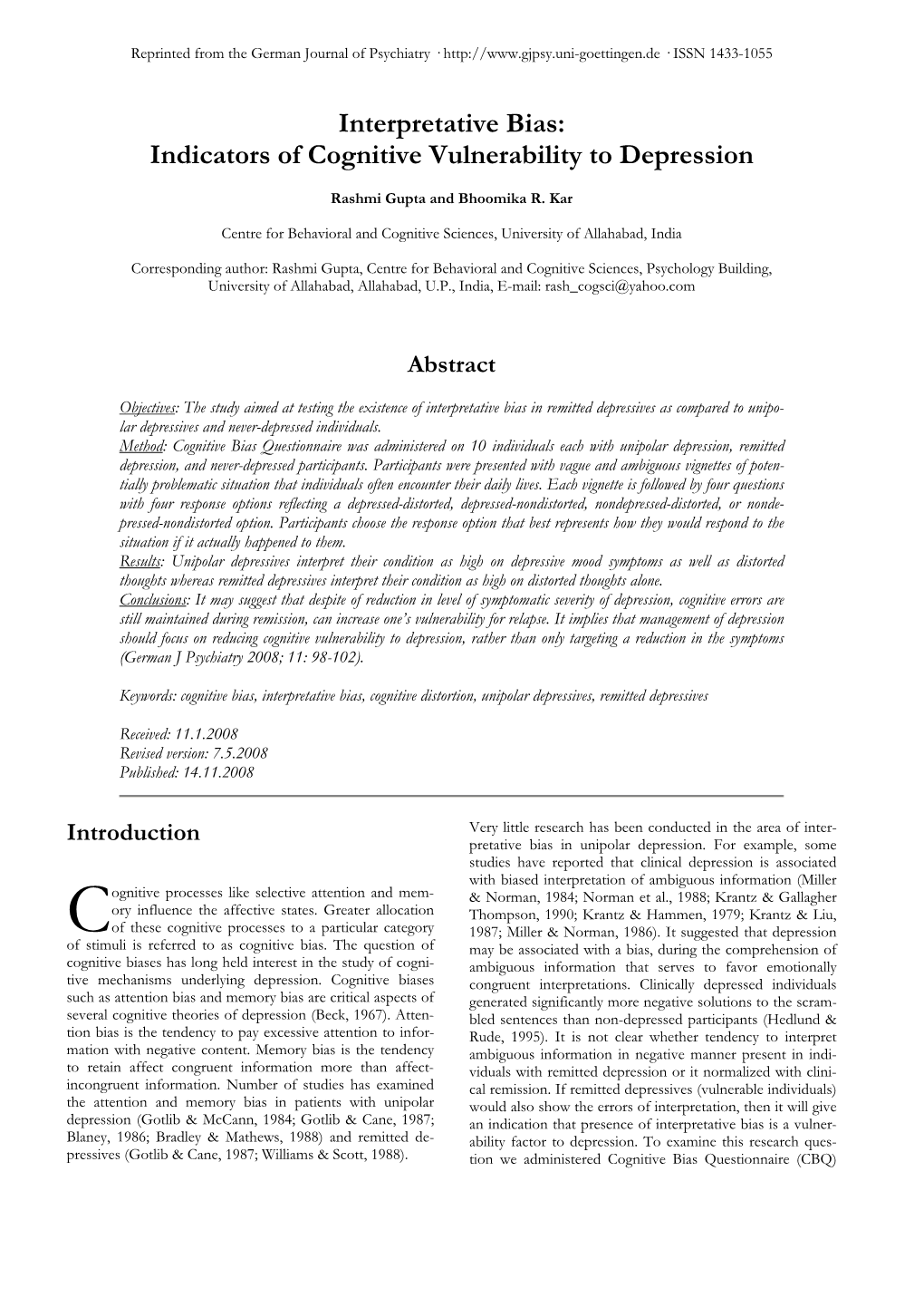 Interpretative Bias: Indicators of Cognitive Vulnerability to Depression