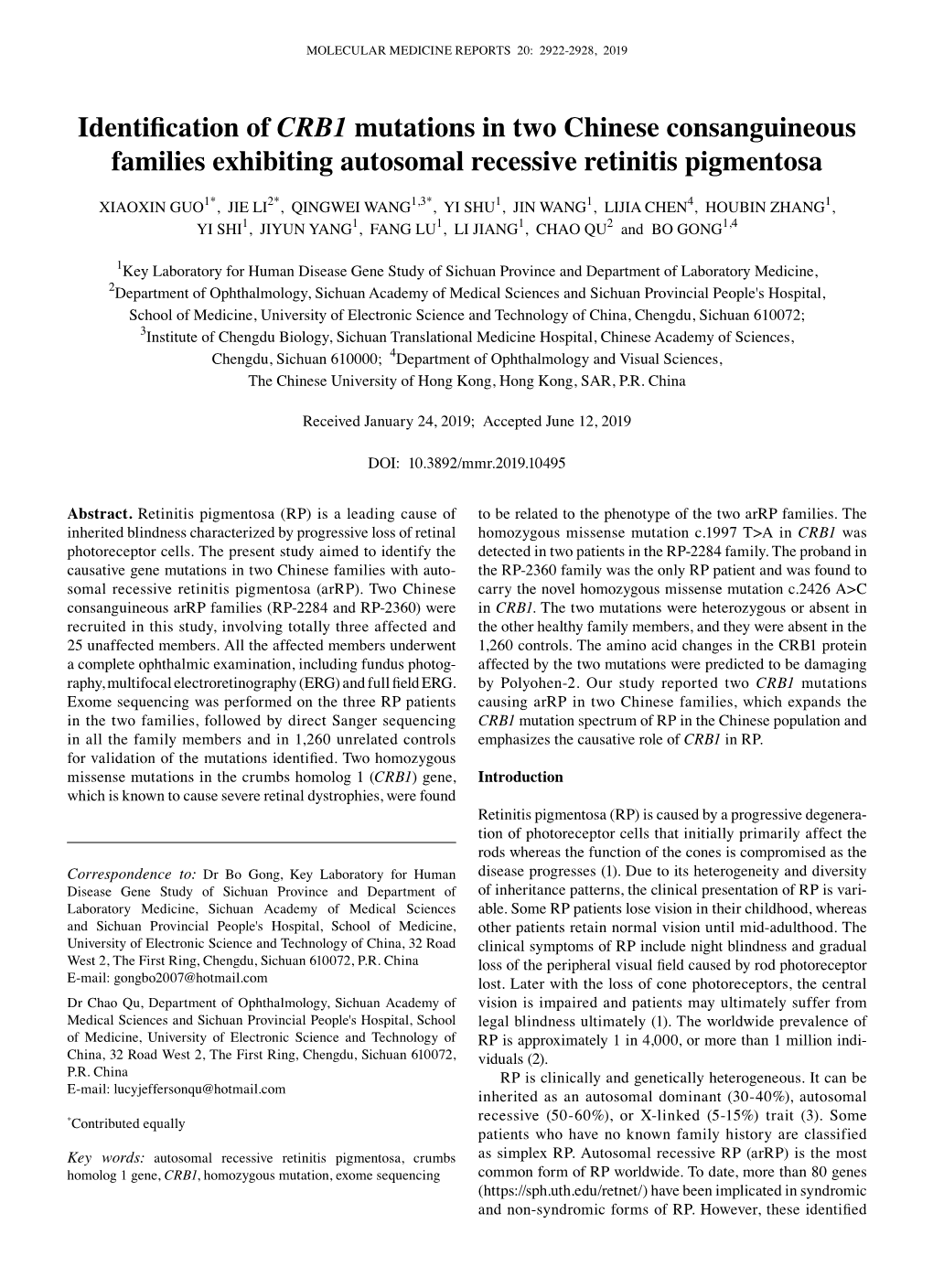 Identification of CRB1 Mutations in Two Chinese Consanguineous Families