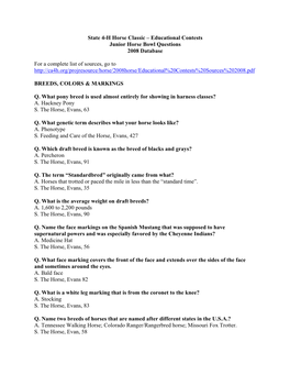 Educational Contests Junior Horse Bowl Questions 2008 Database
