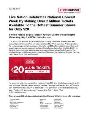 Live Nation Celebrates National Concert Week by Making Over 2 Million Tickets Available to the Hottest Summer Shows for Only $20