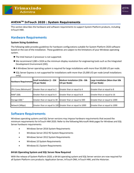 AVEVATM Intouch 2020 : System Requirements This Section Describes the Hardware and Software Requirements to Support System Platform Products, Including Intouch HMI