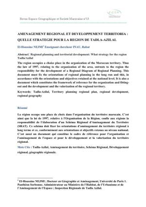Amenagement Regional Et Developpement Territoria : Quelle Strategie Pour La Region De Tadla-Azilal