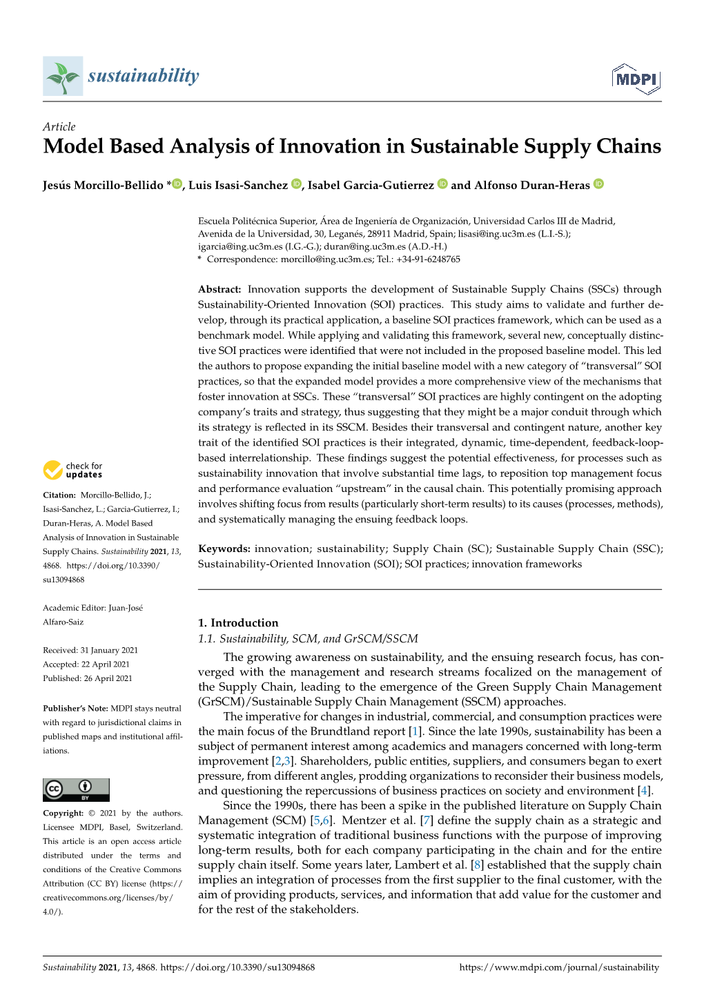 Model Based Analysis of Innovation in Sustainable Supply Chains