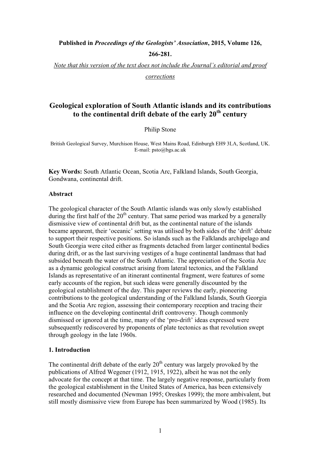 Geological Exploration of South Atlantic Islands and Its Contributions to the Continental Drift Debate of the Early 20Th Century