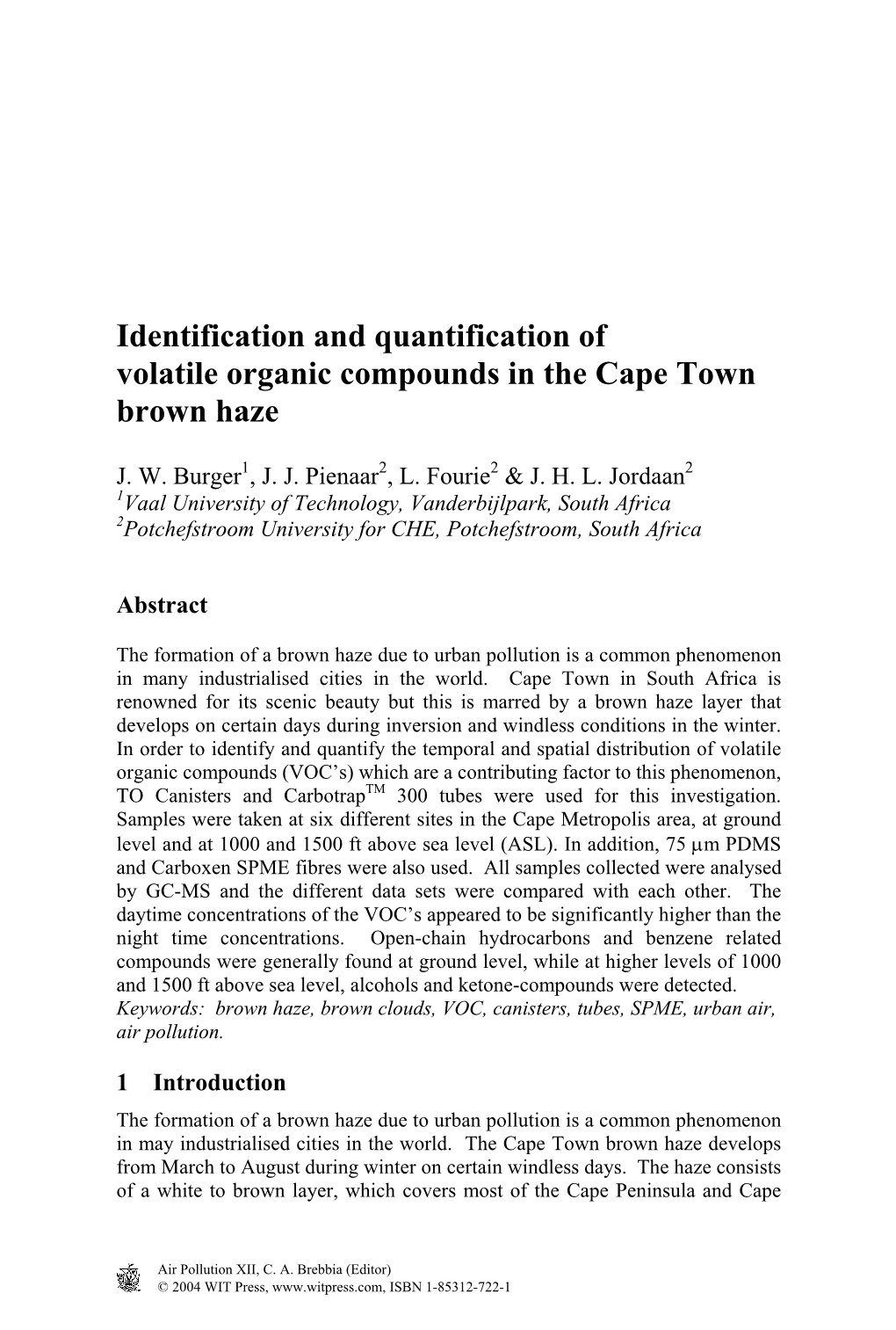 Identification and Quantification of Volatile Organic Compounds in the Cape Town Brown Haze