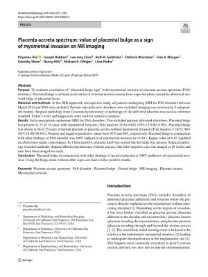 Placenta Accreta Spectrum: Value of Placental Bulge As a Sign of Myometrial Invasion on MR Imaging