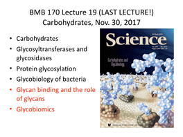 BMB 170 Lecture 19 (LAST LECTURE!) Carbohydrates, Nov. 30, 2017