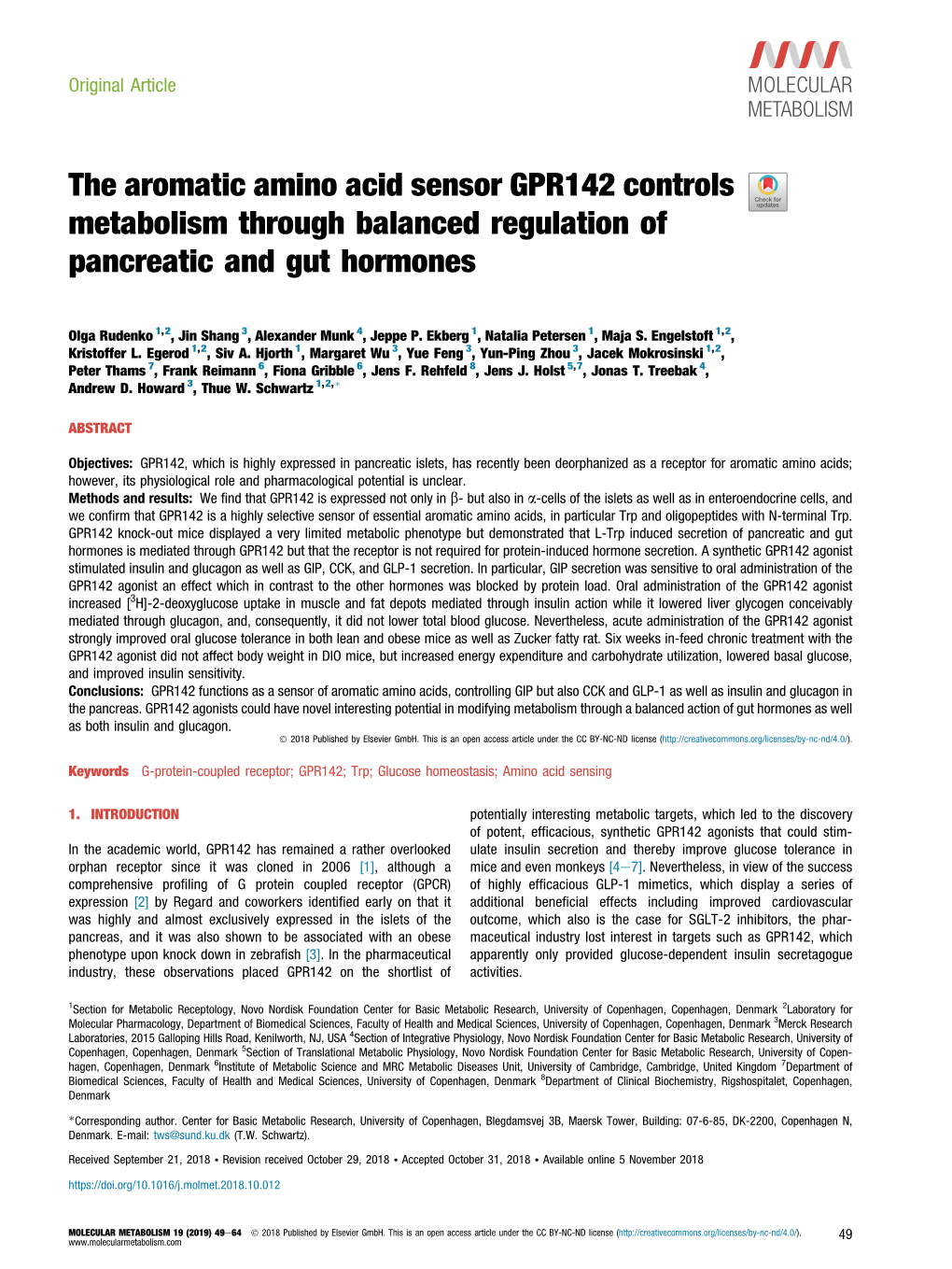 The Aromatic Amino Acid Sensor GPR142 Controls Metabolism Through Balanced Regulation of Pancreatic and Gut Hormones