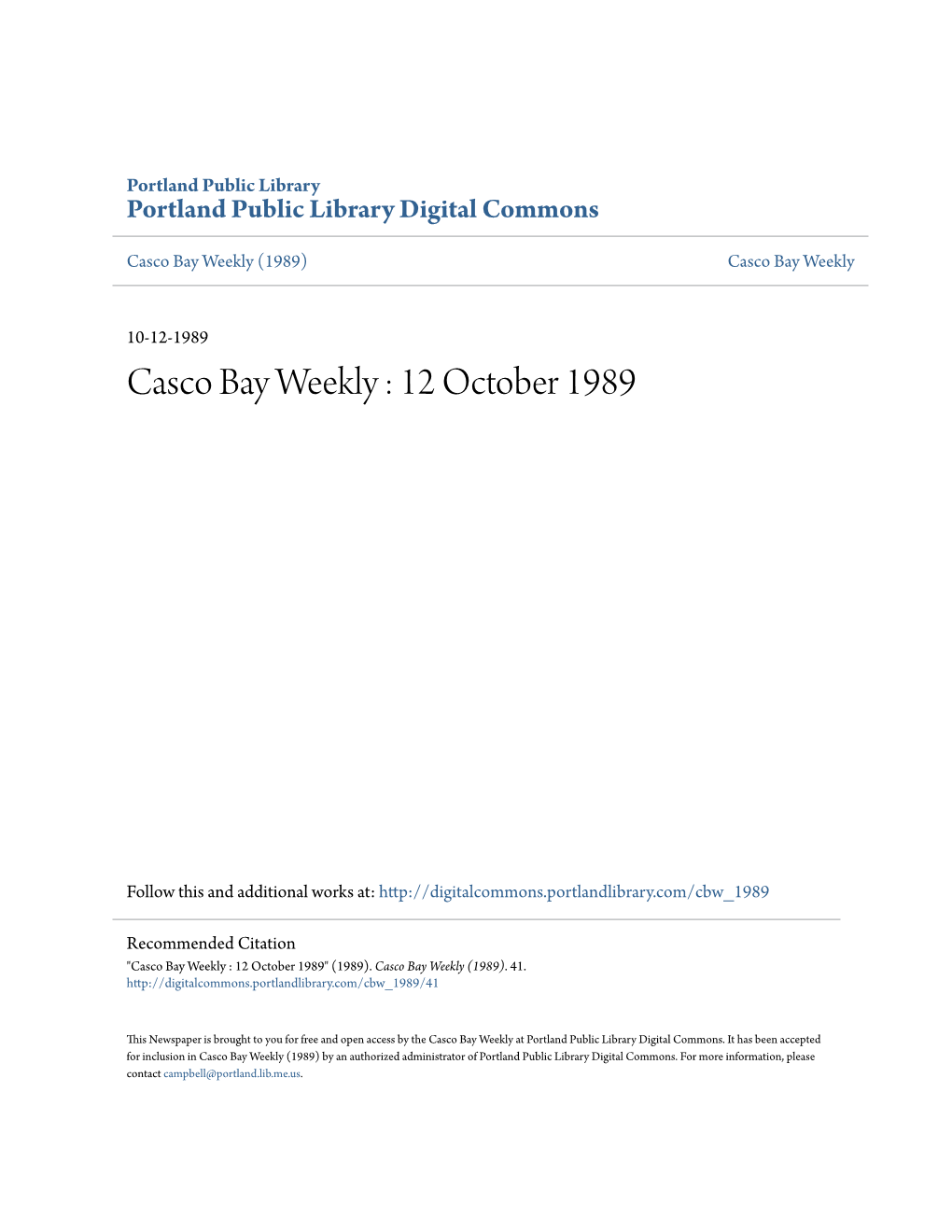 Casco Bay Weekly : 12 October 1989