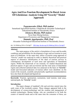 Agro and Eco-Tourism Development in Rural Areas of Uzbekistan: Analysis Using of “Gravity” Model Approach