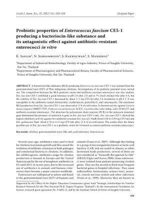 Probiotic Properties of Enterococcus Faecium CE5-1 Producing A
