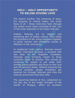 Holi – Holy Opportunity to Relish Divine Love