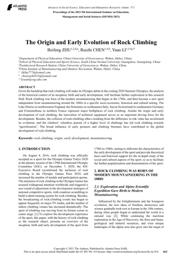 The Origin and Early Evolution of Rock Climbing Beifeng ZHU1,2,4,A, Ruizhi CHEN1,4,B, Yuan LI1,3,4,C*