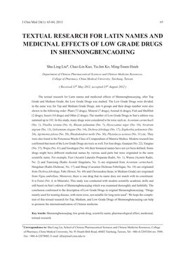 Textual Research for Latin Names and Medicinal Effects of Low Grade Drugs in Shennongbencaojing
