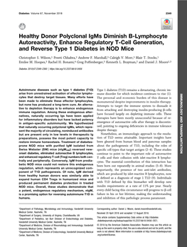 Healthy Donor Polyclonal Igms Diminish B-Lymphocyte Autoreactivity, Enhance Regulatory T-Cell Generation, and Reverse Type 1 Diabetes in NOD Mice