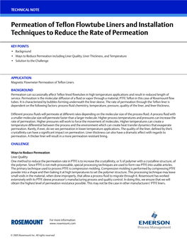 Permeation of Teflon Flowtube Liners and Installation Techniques to Reduce the Rate of Permeation