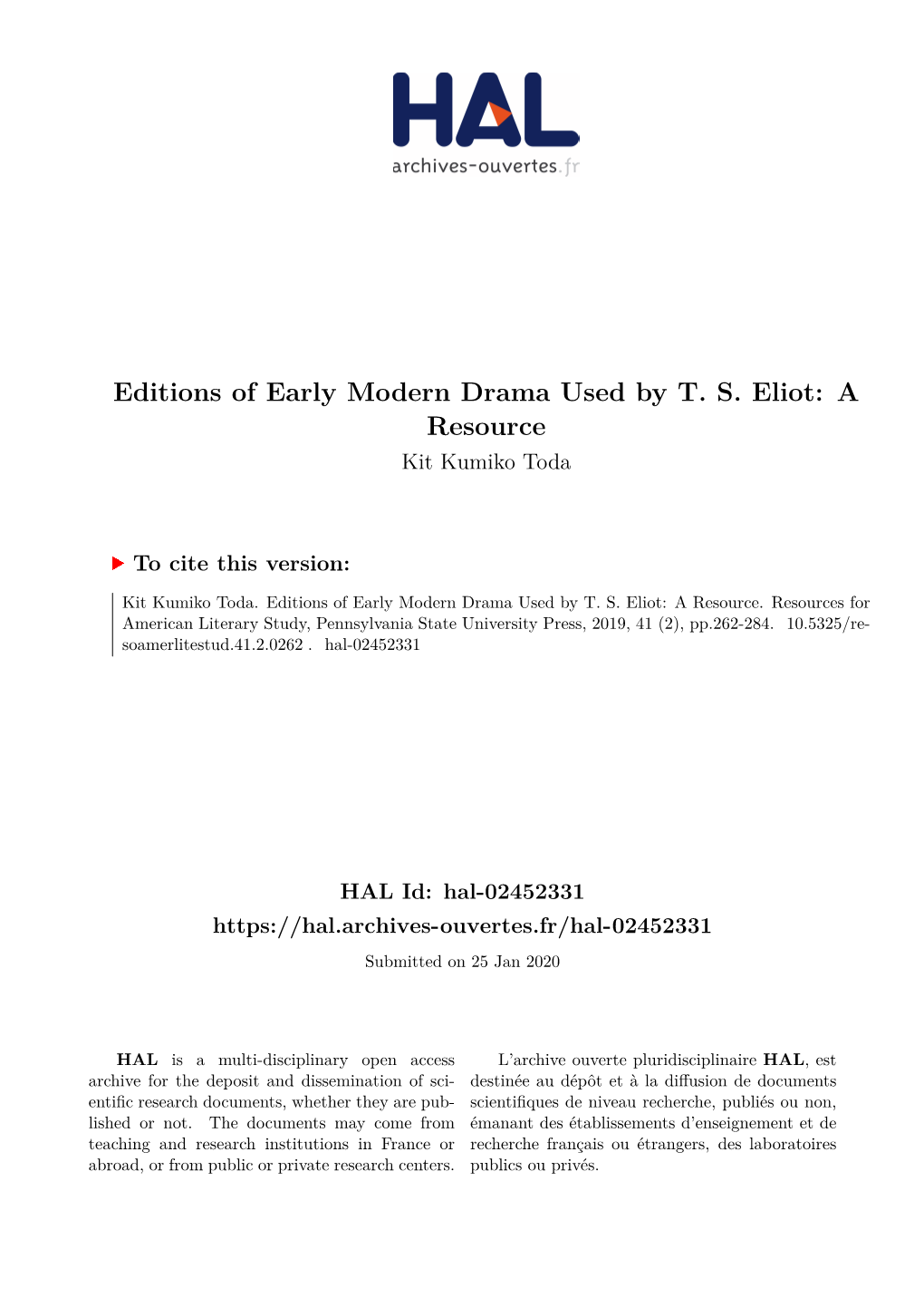 Editions of Early Modern Drama Used by TS Eliot