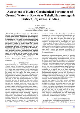 Assesment of Hydro-Geochemical Parameter of Ground Water at Rawatsar Tehsil, Hanumangarh District, Rajasthan (India)