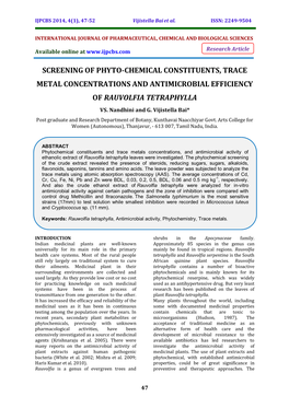 Screening of Phyto-Chemical Constituents, Trace Metal Concentrations and Antimicrobial Efficiency of Rauvolfia Tetraphylla Vs