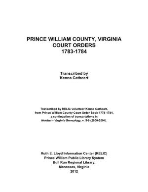 Prince William County, Virginia Court Orders 1783-1784