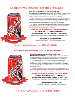 An Appeal to All Communities: Stop Coca-Cola's Abuses!