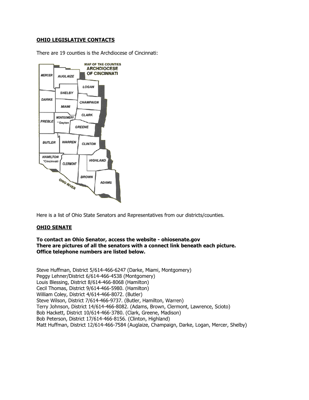 OHIO LEGISLATIVE CONTACTS There Are 19 Counties Is The