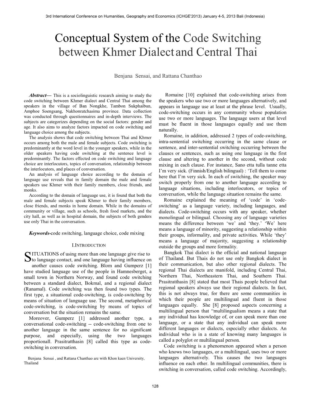 Conceptual System of the Code Switching Between Khmer Dialect and Central Thai