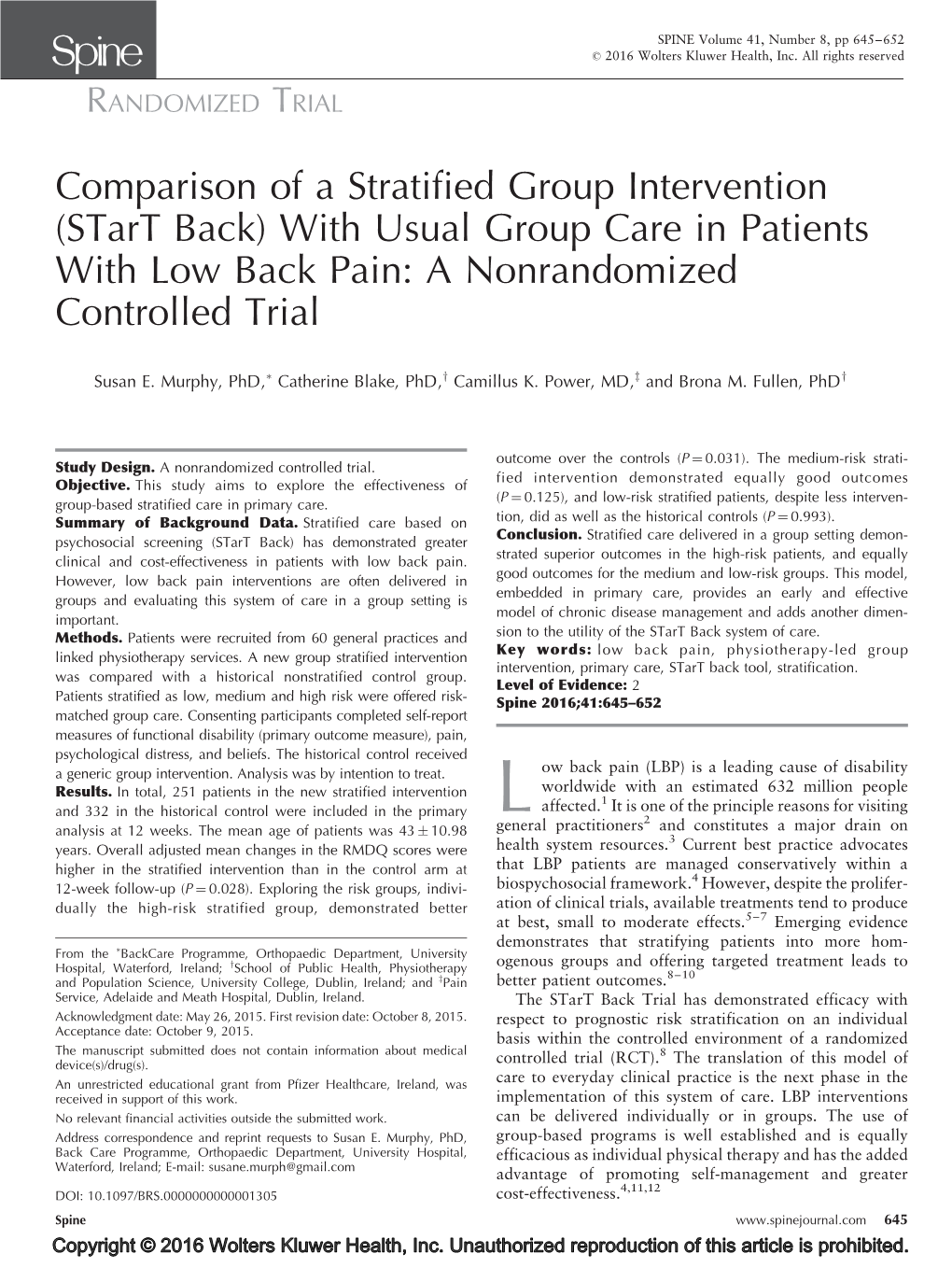 Comparison of a Stratified Group Intervention (Start Back) with Usual Group Care in Patients with Low Back Pain: a Nonrandomized Controlled Trial