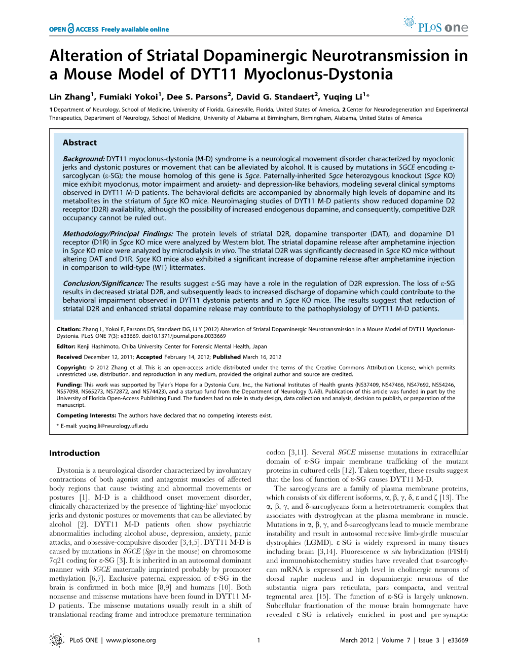 Alteration of Striatal Dopaminergic Neurotransmission in a Mouse Model of DYT11 Myoclonus-Dystonia