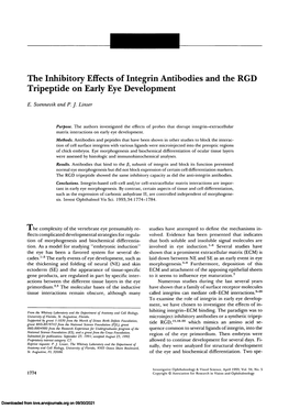 The Inhibitory Effects of Integrin Antibodies and the RGD Tripeptide on Early Eye Development