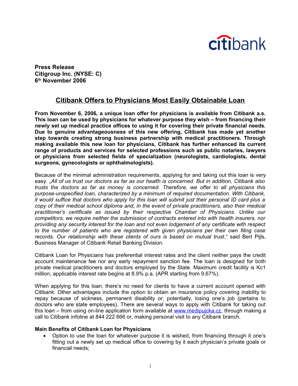 Citibank Offers to Physicians Most Easily Obtainable Loan