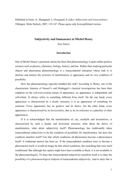 Subjectivity and Immanence in Michel Henry Dan Zahavi