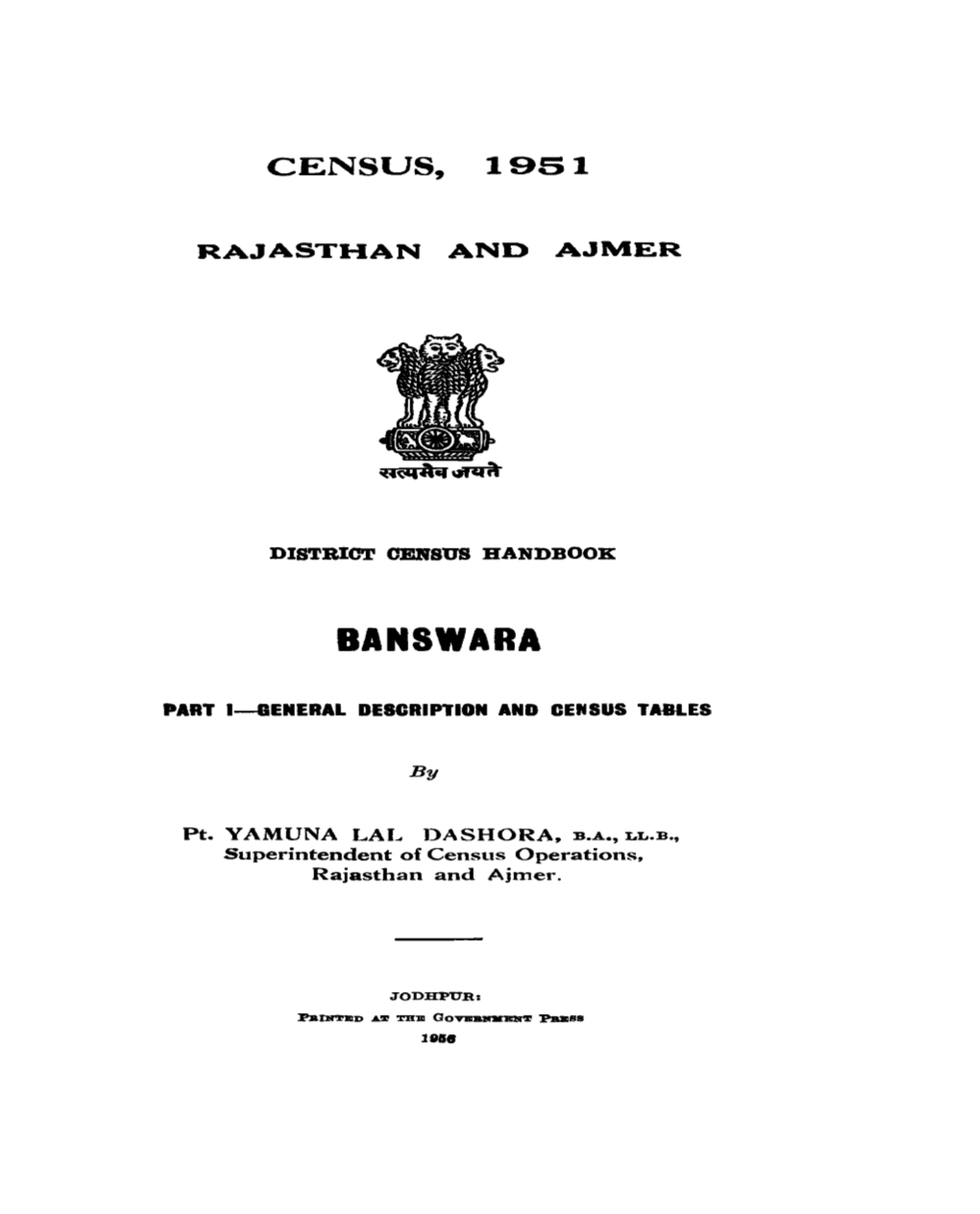 District Census Handbook, Banswara, Rajasthan