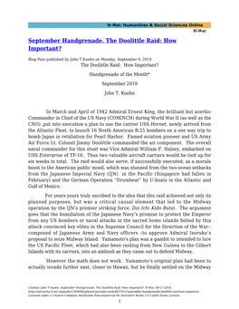September Handgrenade. the Doolittle Raid: How Important?