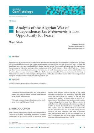 Analysis of the Algerian War of Independence: Les Événements, a Lost Opportunity for Peace