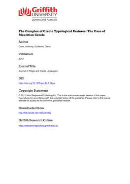 The Complex of Creole Typological Features: the Case of Mauritian Creole