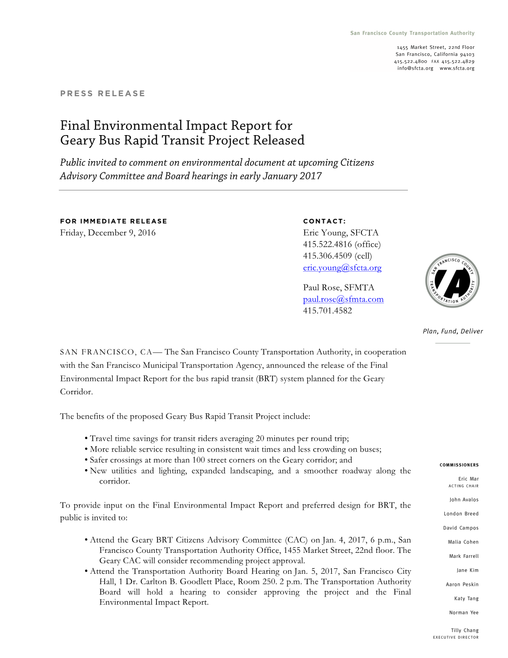 Final Environmental Impact Report for Geary Bus Rapid Transit Project Released