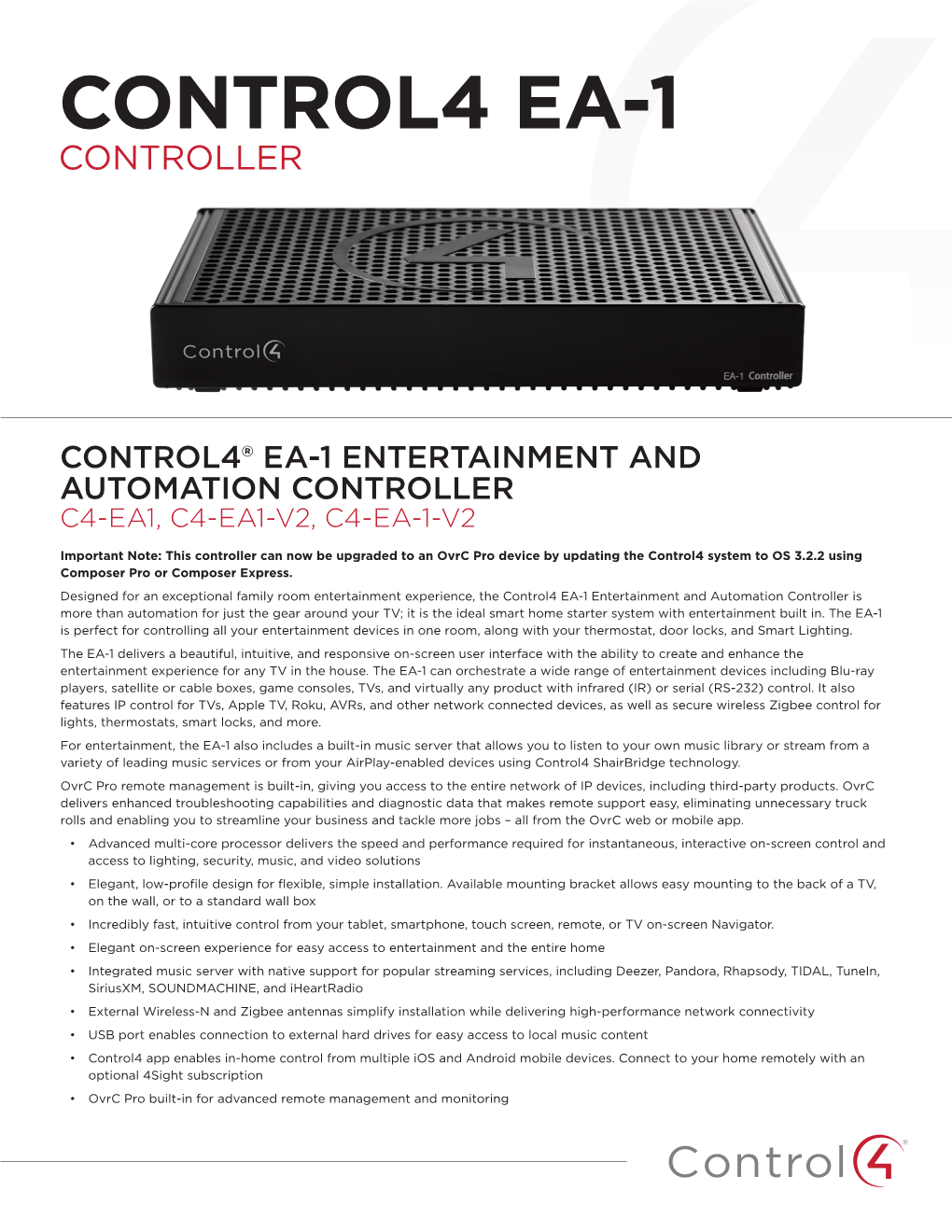 Control4® Ea-1 Entertainment and Automation Controller C4-Ea1, C4-Ea1-V2, C4-Ea-1-V2