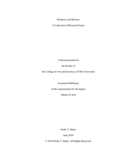 A Collection of Personal Essays a Thesis Presented To