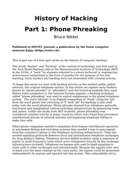 History of Hacking Part 1: Phone Phreaking Bruce Nikkel