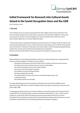 Initial Framework for Research Into Cultural Assets Seized in the Soviet Occupation Zone and the GDR As At: February 6, 2017