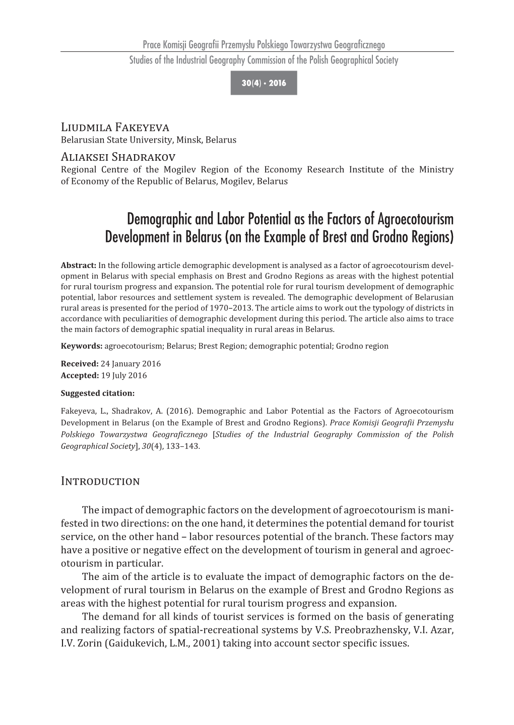 Demographic and Labor Potential As the Factors of Agroecotourism Development in Belarus (On the Example of Brest and Grodno Regions)