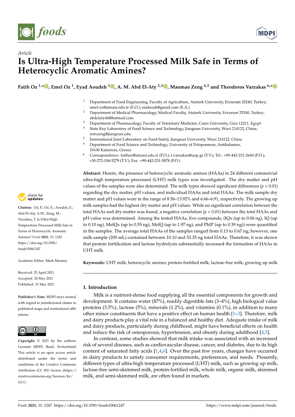 Is Ultra-High Temperature Processed Milk Safe in Terms of Heterocyclic Aromatic Amines?