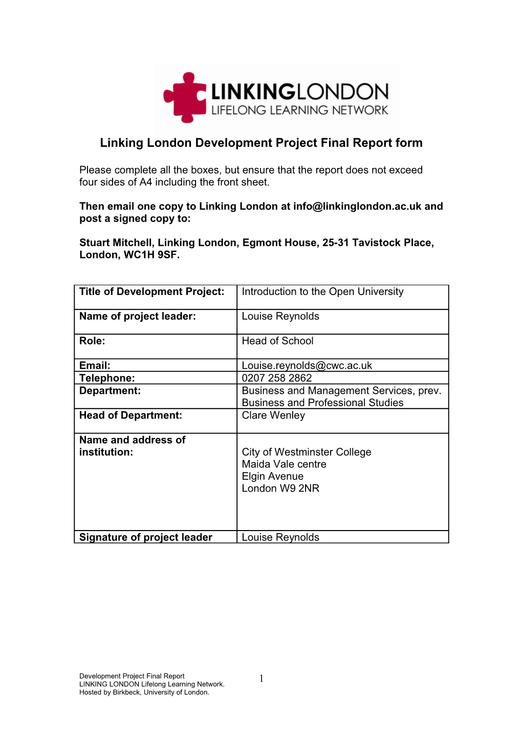 Linking London Development Project Final Report Form