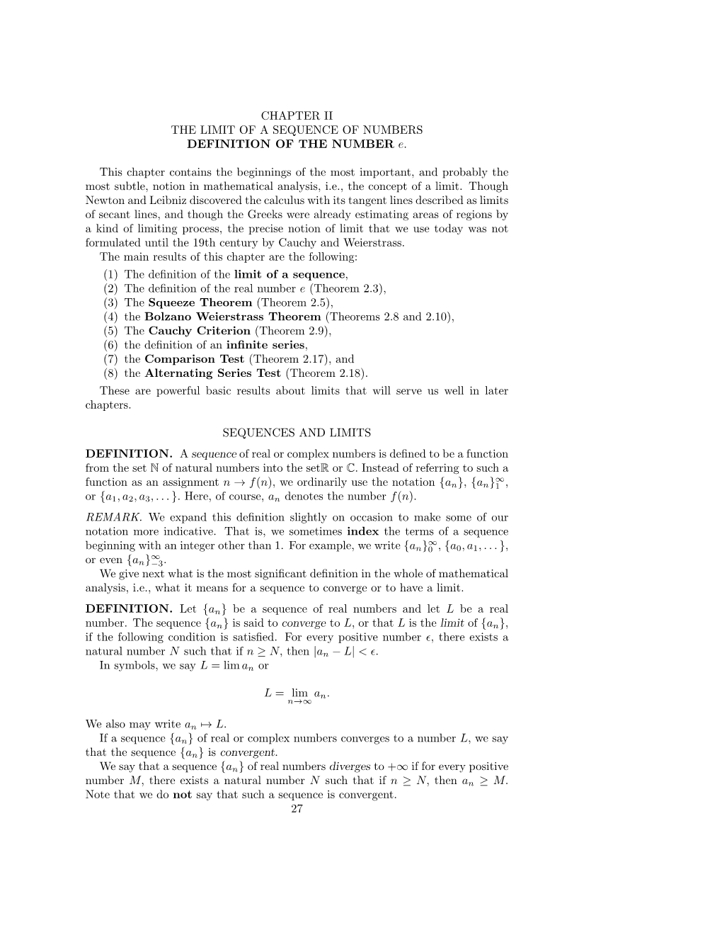 CHAPTER II the LIMIT of a SEQUENCE of NUMBERS DEFINITION of the NUMBER E