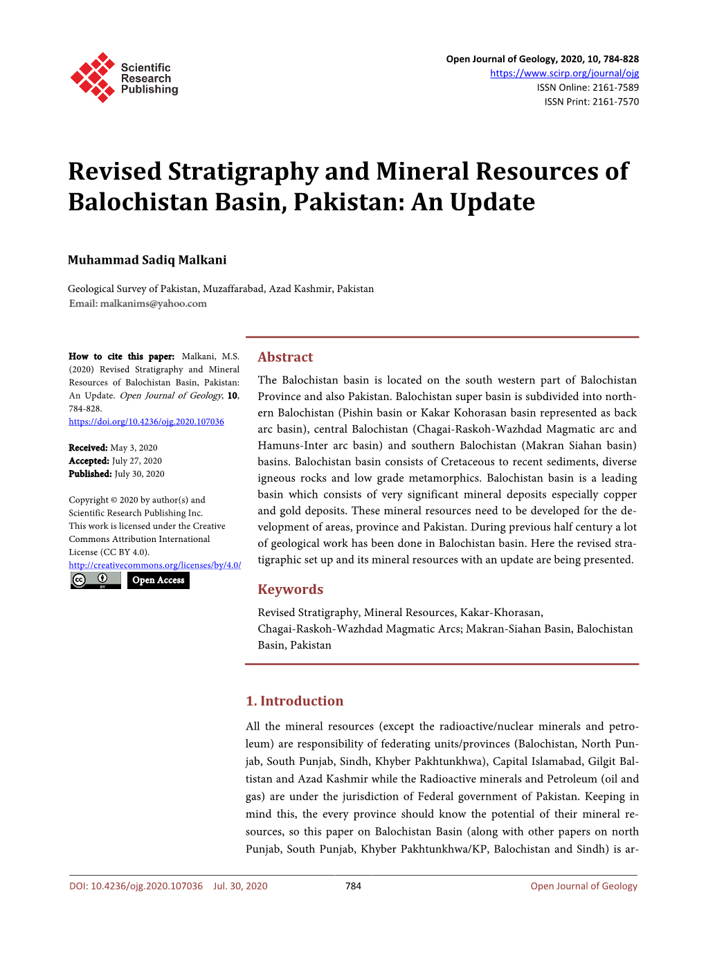 Revised Stratigraphy and Mineral Resources of Balochistan Basin, Pakistan: an Update