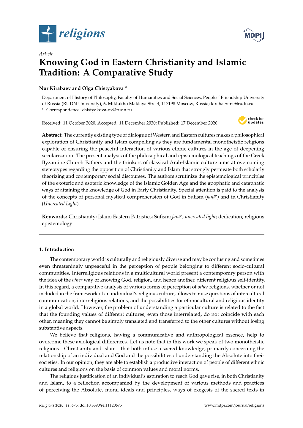 Knowing God in Eastern Christianity and Islamic Tradition: a Comparative Study