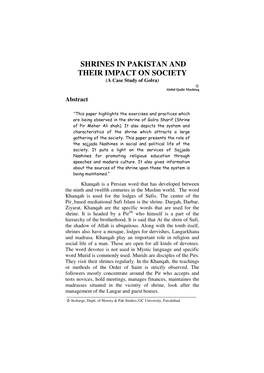 SHRINES in PAKISTAN and THEIR IMPACT on SOCIETY (A Case Study of Golra)